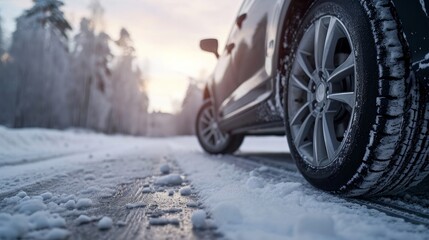 Aluminium alloy or steel auto wheel on the road with a winter landscape. Close-up of a car wheel with a rubber tire for winter weather.    - obrazy, fototapety, plakaty