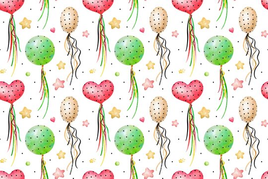 Cute air balloons seamless pattern,Party watercolor seamless files for fabric, girl digital paper for gift wrapping, baby birthday scrapbook repeat page сommercial use White background