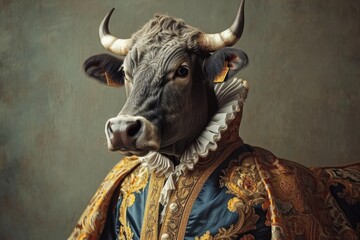 Cow An animal in Renaissance clothes, in a baroque suit, a close-up portrait of a past era, fashionable vintage retro style