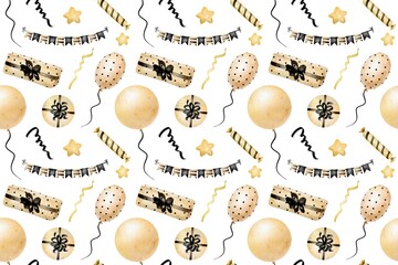Elegant birthday seamless pattern,luxurious party watercolor seamless file, beige stylish digital wrapping paper for gift and present on a white background