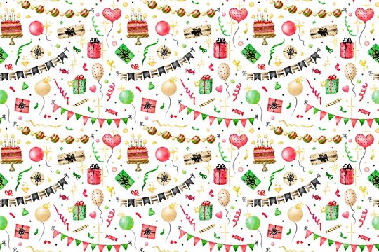 Colorful party seamless pattern,Nursery seamless file, digital paper hand drawn cute air balloons, presents, Birthday cake on a white background,Cute ready-made design for printing on packaging paper