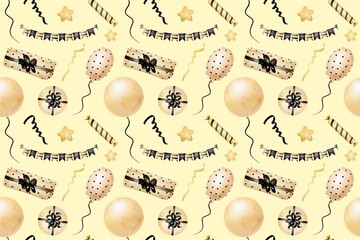 Cute birthday seamless pattern yellow background,party watercolor seamless file, beige stylish digital wrapping paper for gift and present on a white background 