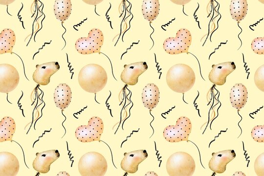 Balloons seamless pattern yellow background, party repeating texture, funny seamless template nursery wallpaper, cute print for kid wrapping paper and other baby's designs