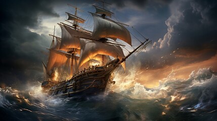 An ultra-realistic depiction of a sailing ship in the midst of a raging storm, turbulent seas and lightning strikes, capturing the intensity with intricate detail in a digital art form - Generative AI - obrazy, fototapety, plakaty