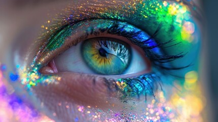 Auge in Regenbogenfarben geschminkt     