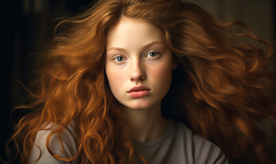 Portrait of a serene young woman with voluminous flowing auburn hair, embodying natural beauty and timeless elegance - obrazy, fototapety, plakaty