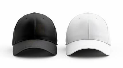 Baseball cap white and black templates, front views isolated on white background. Mock up.    