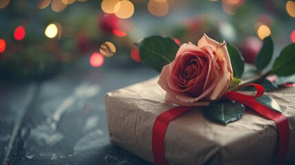 Beautiful gift with rose and copy space     