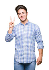 Young handsome business man over isolated background showing and pointing up with fingers number two while smiling confident and happy.