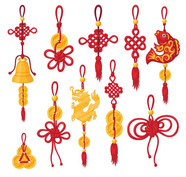 Traditional Asian knot tassel hanging fortune golden decorative red rope set vector flat