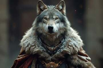 Wolf An animal in Renaissance clothes, in a baroque suit, a close-up portrait of a past era, fashionable vintage retro style