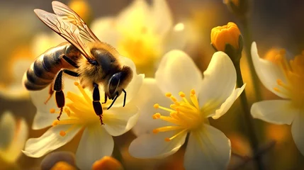 Crédence de cuisine en verre imprimé Abeille a bee collects pollen from flowers in the garden