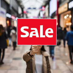 Person holding a "sale" sign in a busy shopping district isolated on white background, simple style, png
