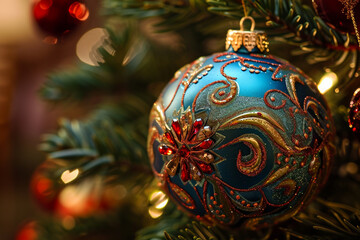 Christmas tree decoration, christmas ball close-up, ai technology