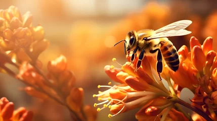 Photo sur Plexiglas Abeille a bee collects pollen from flowers in the garden