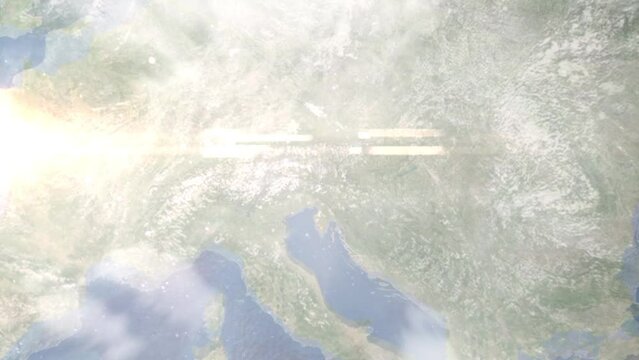 Zoom in from space and focus on Villach, Austria. 3D Animation. Background for travel intro. Elements of this image furnished by NASA.