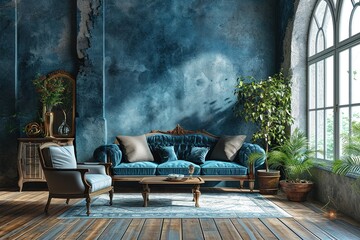 Retro style in beautiful living room interior with grey empty wall