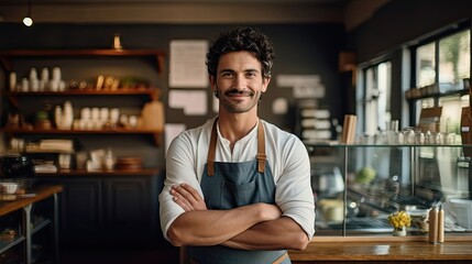A cheerful male barista with curly hair stands with crossed arms in a cozy cafe.