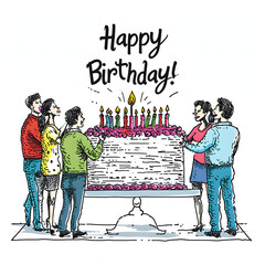 People surprising someone with a pop-up "happy birthday!" sign isolated on white background, hand drawn, png
