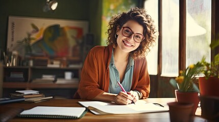 A young woman smiles brightly, writing in a notebook at a sunny workspace.