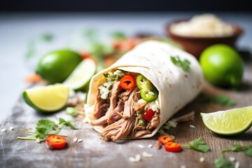 Fototapeta na wymiar pulled pork burrito cut in sections with lime wedges