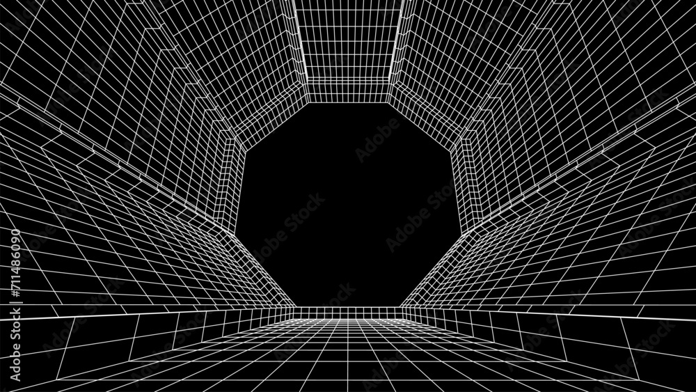 Poster Abstract 80s styled computer background. Sci-fi architecture interior with retro lines. Synthwave or retrowave grid room.