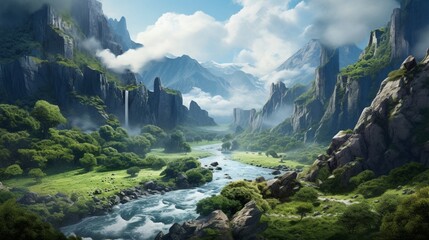 Naklejka na ściany i meble An ultra-realistic depiction of mountainous cliffs and valleys, a winding river carving through the landscape, painted with extreme attention to detail in a traditional realism style - Generative AI