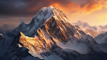 An ultra-realistic mountain panorama showcasing snow-capped peaks, the morning sun casting warm hues on rocky cliffs - Generative AI
