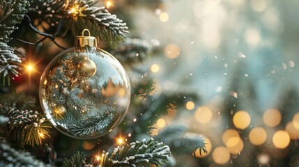 Obraz na płótnie Canvas Close up Christmas tree and decoration, Glass Christmas ball. 3d rendering 