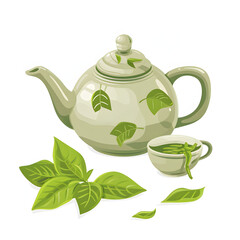 Teapot and tea leaves isolated on white background, simple style, png
