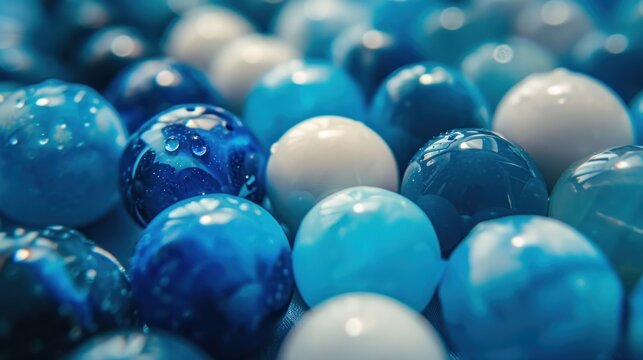 close up of a blue and white beads  