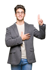 Young business man wearing glasses over isolated background Swearing with hand on chest and fingers, making a loyalty promise oath