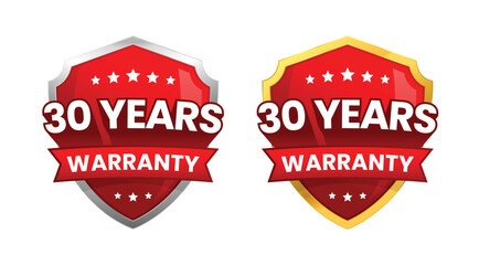 30 years warranty label, logo, icon badge. minimalist shiny red gold silver shield. Vector design