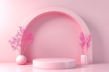 Minimal background, mock up with podium for product display,Abstract white geometry shape background minimalist Valentine's day pink background,Abstract backgroundup 3D rendering, ai technology