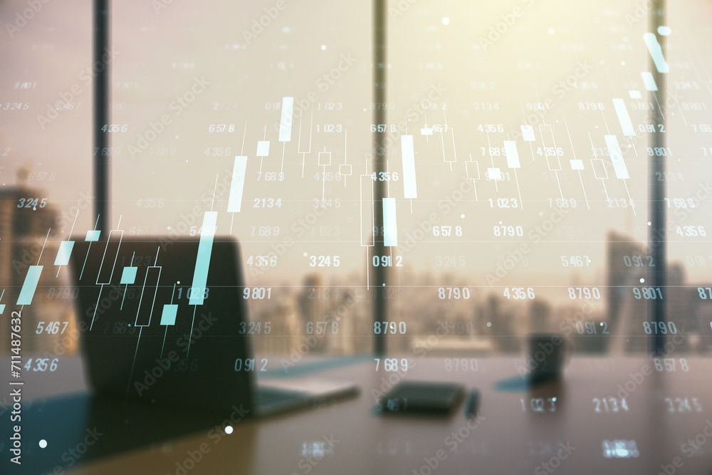 Poster multi exposure of abstract graphic data spreadsheet sketch and modern desktop with pc on background,