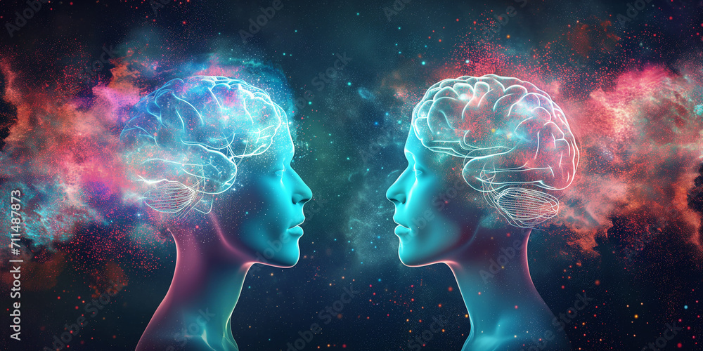 Poster conceptual abstraction of brain neurons. insight concept. portrait with selective focus and copy spa