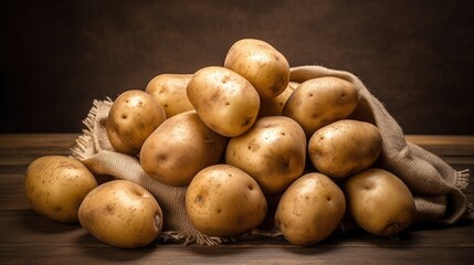 Sack of potatoes on a dark background. Fresh potatoes in an old sack
