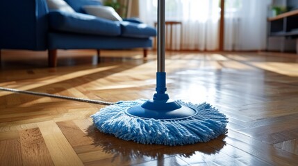 Close up view of mop on parquet floor of room. Housekeeping, cleaning concept with mop     - obrazy, fototapety, plakaty