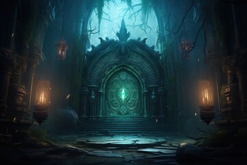 Mysterious portal, halloween magic door in the dark forest.