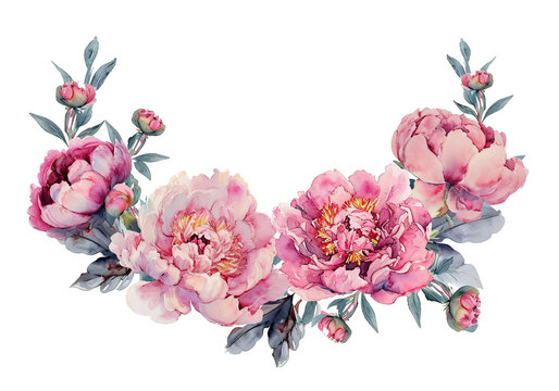 Watercolor border with pink flowers peonies. Spring composition isolated on white background