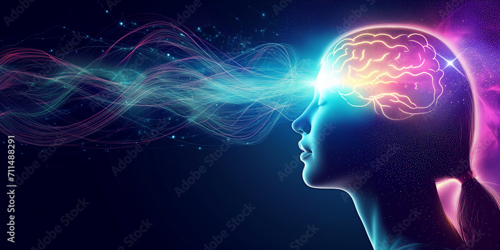 Poster conceptual abstraction of brain neurons. insight concept. portrait with selective focus and copy spa