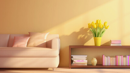 light spring interior with yellow walls and pink magazines on the shelf and tulips in a flower pot