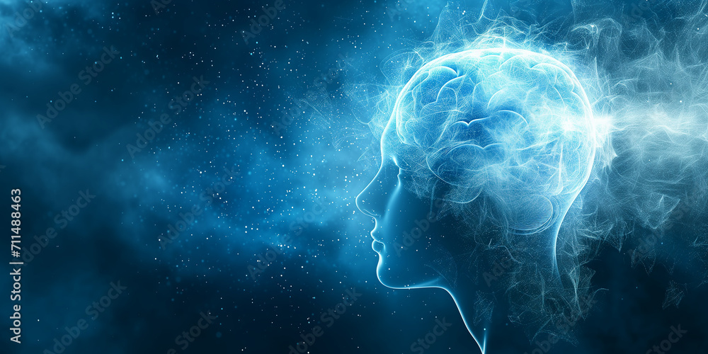 Poster conceptual abstraction of brain neurons. insight concept. portrait with selective focus and copy spa