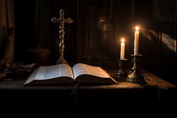 Luminous altar with sun-kissed cross and sacred holy bible in vibrant illumination