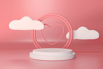 3D rendering illustration of red or pink pallets for Valentine's concept with hearts and clouds and gradient backdrops.