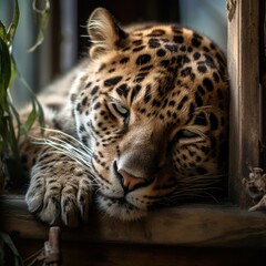 Sad homeless leopard dreaming about home.