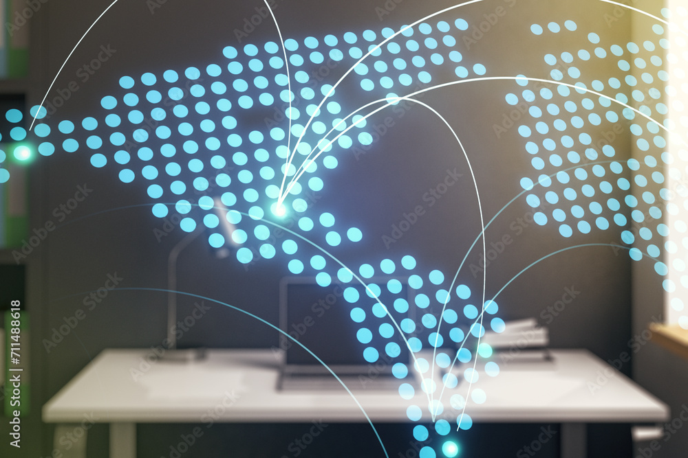 Poster abstract creative world map with connections and modern desktop with computer on background, interna