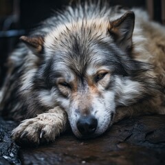 Fototapeta premium Sad homeless wolf dreaming about home.