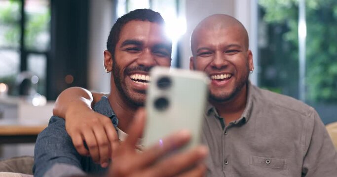 Home, gay couple and video call with selfie, funny joke and love with bonding and hug in living room. Partner, laughing and lgbt pride with marriage in house with queer relationship of black men