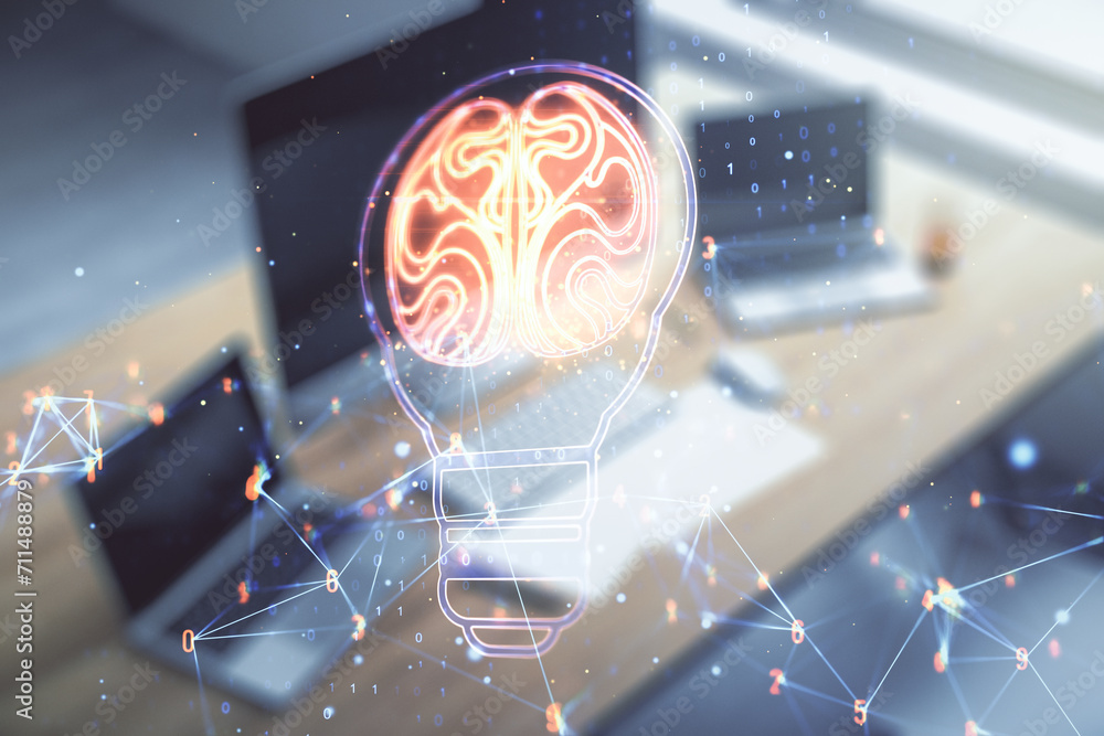 Poster Creative light bulb with human brain hologram and modern desk with computer on background, artificial Intelligence and neural networks concept. Multiexposure